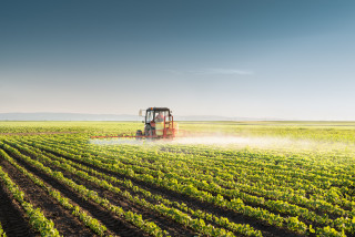 Un agriculteur pulvérise un champ à l’aide d’un tracteur