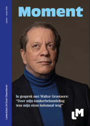 Cover ledenblad Moment LM Oost-Vlaanderen januari - maart 2025 - met Walter Grootaers op de cover. Tekst: In gesprek met Walter Grootaers: "door mijn kankerbehandeling was mijn stem helemaal weg"
